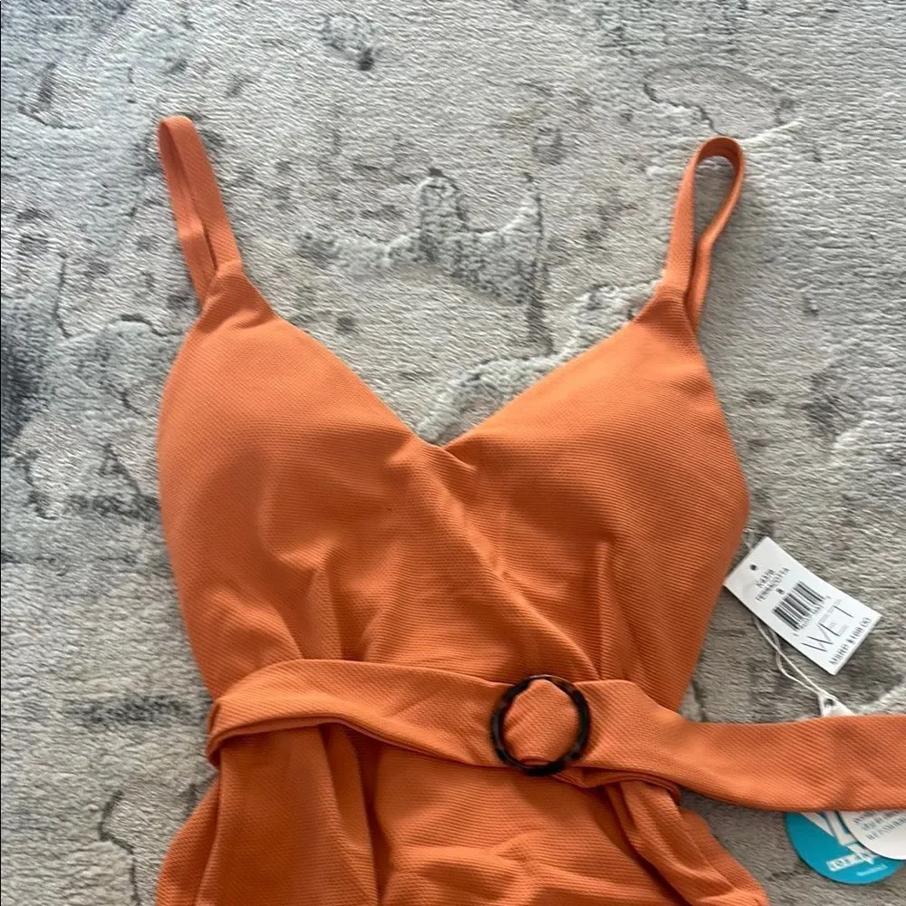 Orange One Piece Swimsuit with Deep V-Neck and High-Cut Legs